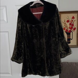 Luxurious Vintage Crushed Velvet Olive Green With Dark Brown Collar and Cuffs